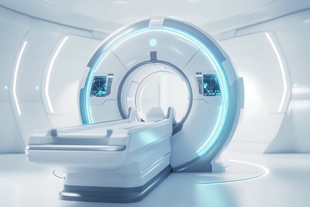 Hospital radiology room with 3d rendering mri scanner machine