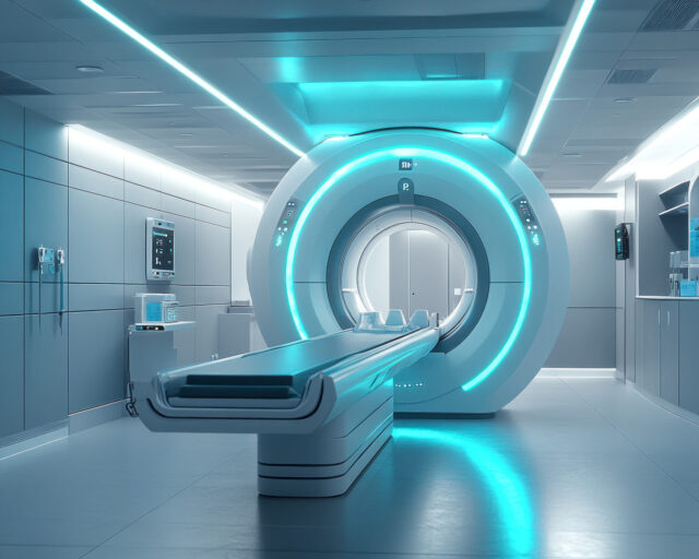 A futuristic medical imaging room showcases a large MRI scanner bathed in teal and blue light. The stainless steel bed extends within a sterile, tiled environment, highlighting advanced diagnostic technology. Modern medical equipment is displayed in a clinical setting.